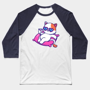 Cute Cat Chill On Pillow With Juice Cartoon Baseball T-Shirt